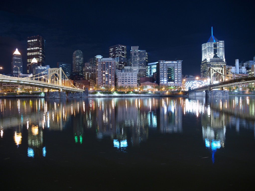 Pittsburgh Pennsylvania waterfront and bridges late at night